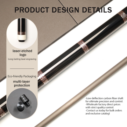 Miaojin black carbon fiber pool cue design details, laser-etched logo and joint protectors