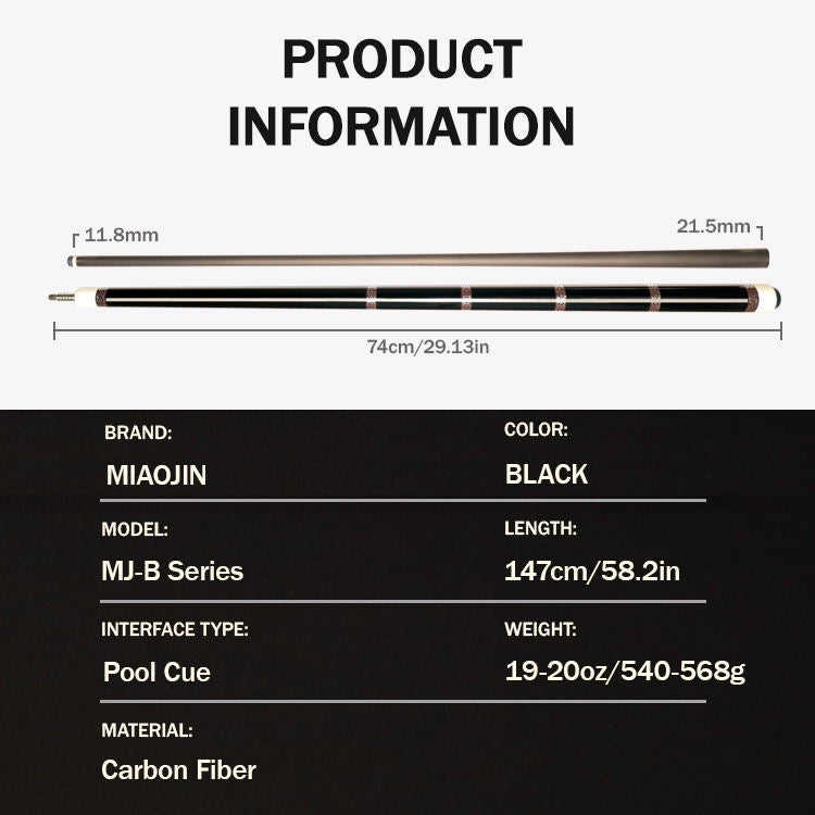 Miaojin MJ-B Series black carbon fiber pool cue specs: 58 inch, 19-20 oz, 11.8mm tip