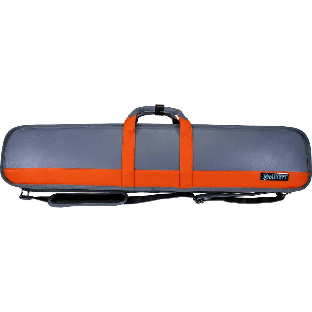 Molinari Retro 3x6 cue bag, grey with orange accents, back view