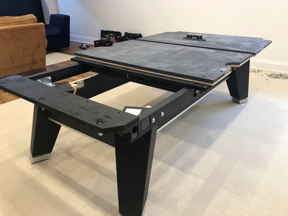 View of Rasson Acurra 9-foot black pool table frame and slates 