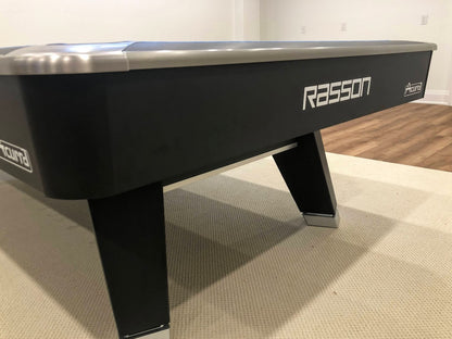 Corner view of Rasson Acurra 9-foot black pool table with square legs