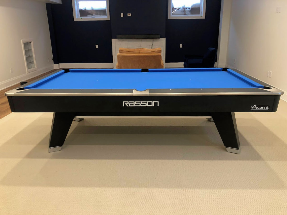 Rasson Acurra 9 foot pool table on white rug