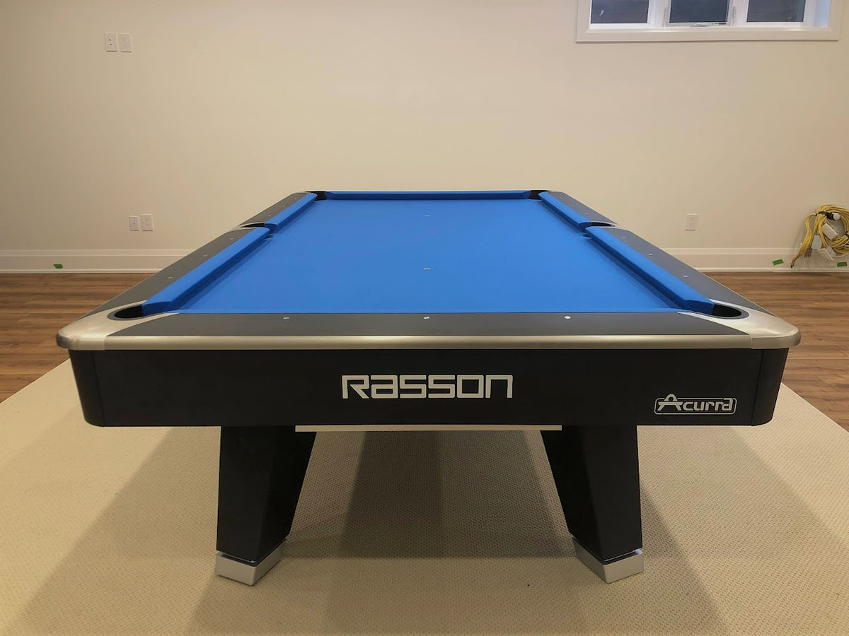 Rasson Acurra 9 foot pool table front with blue simonis felt and black base square legs