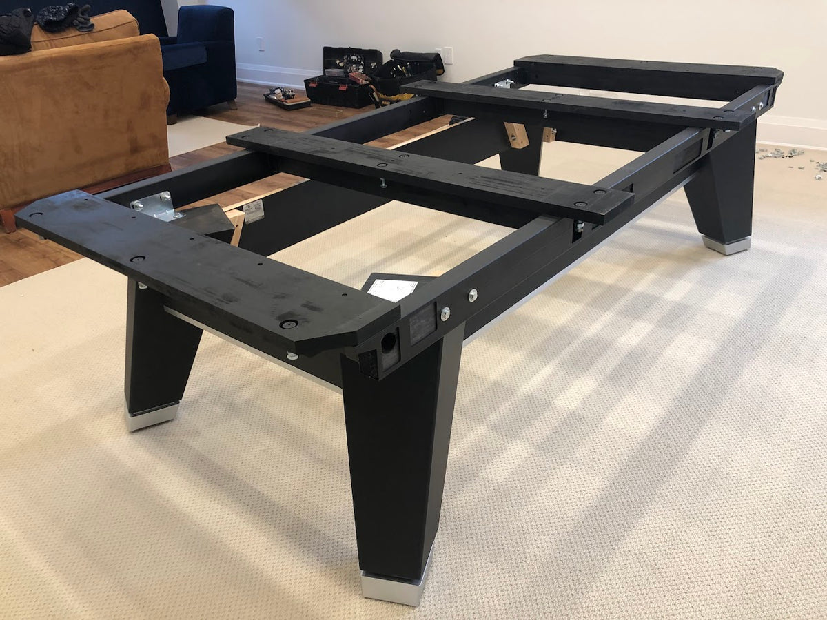 Side view of Rasson Acurra 9' pool table showing black frame