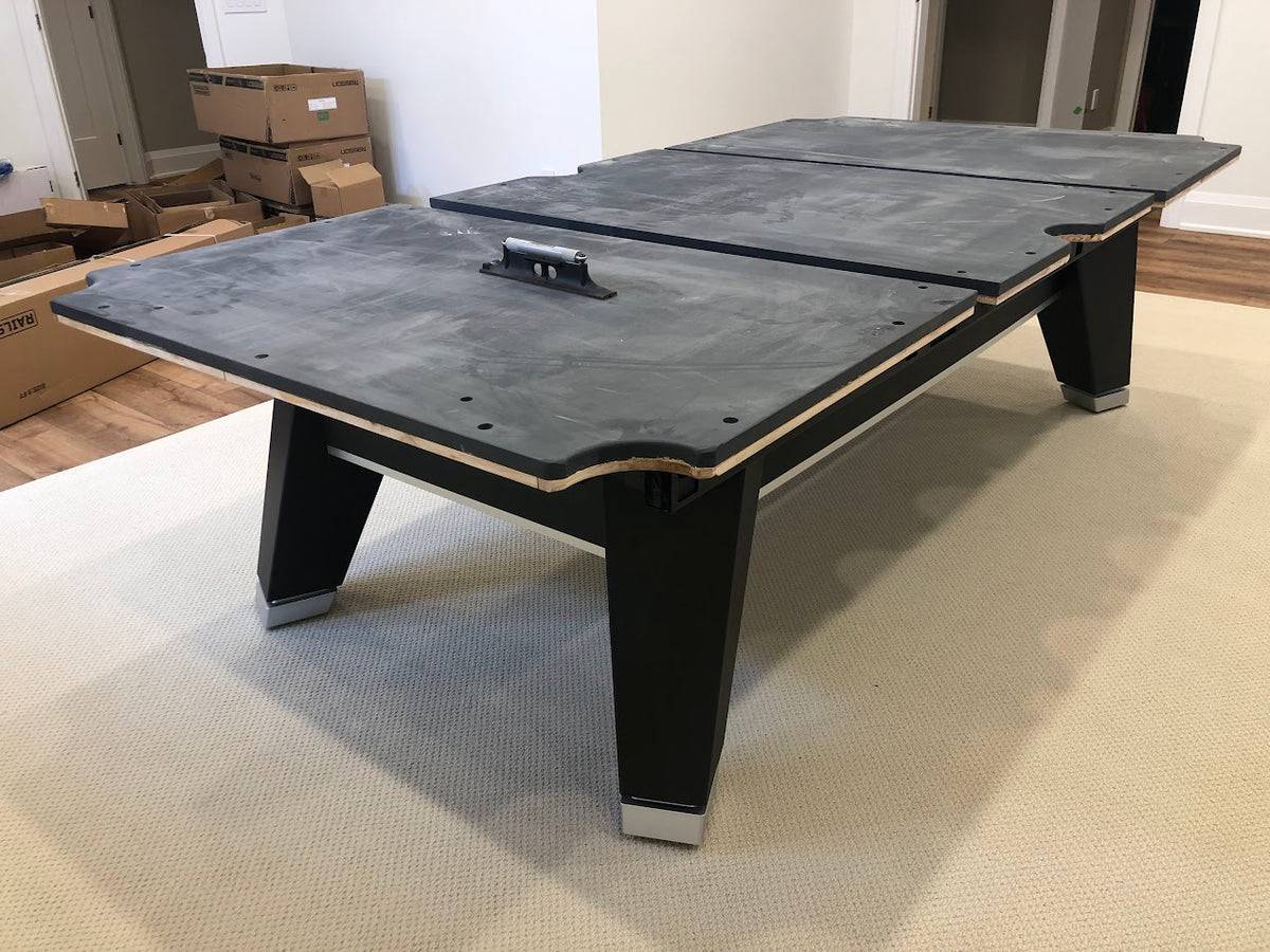 Side view of Rasson Acurra pool table showing square legs and black finish