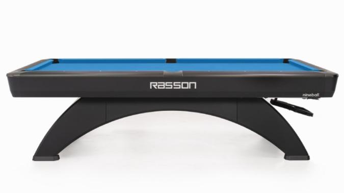 Pool table with blue felt surface and black frame on a white background