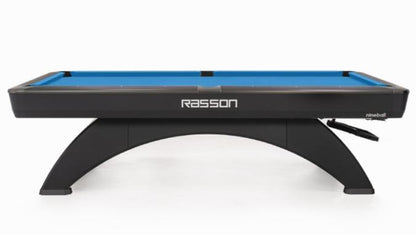 Pool table with blue felt surface and black frame on a white background