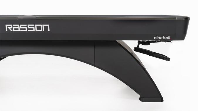 Close-up of a pool table with 'Rasson' and 'nineball' branding on a white background