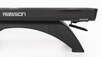Close-up of a pool table with 'Rasson' and 'nineball' branding on a white background