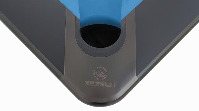 Close-up of a black and blue plastic component with a brand logo on a white background