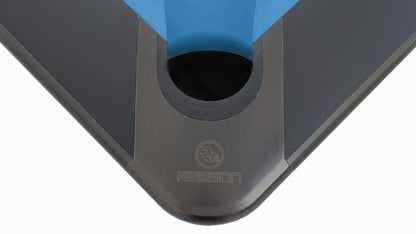 Close-up of a black and blue plastic component with a brand logo on a white background