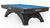 Pool table with blue felt surface and black frame on a white background