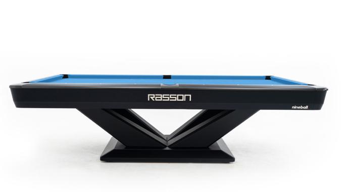 Black pool table with blue felt surface on a white background