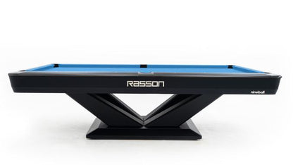 Black pool table with blue felt surface on a white background