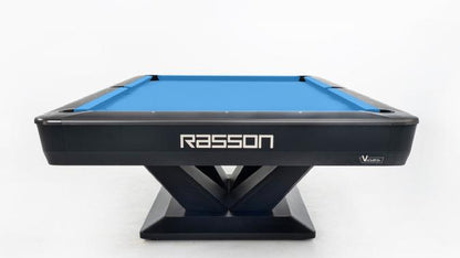 Pool table with blue felt and 'Rasson' branding on a white background