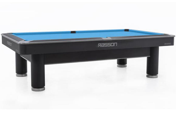 Side View of Rasson Ironman 9-foot black pool table with slate playing surface and blue Simons felt