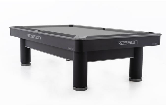 Corner view of the Rasson Ironman 9 foot pool black table with round legs and grey Simonis felt 