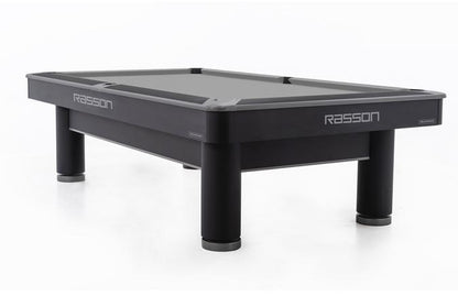 Corner view of the Rasson Ironman 9 foot pool black table with round legs and grey Simonis felt 
