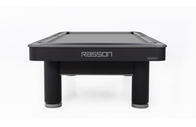 Side view of the Rasson Ironman 9 foot pool black table with round legs and grey Simonis felt 