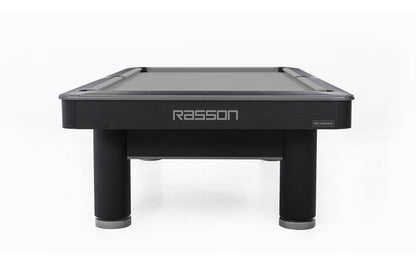 Side view of the Rasson Ironman 9 foot pool black table with round legs and grey Simonis felt 