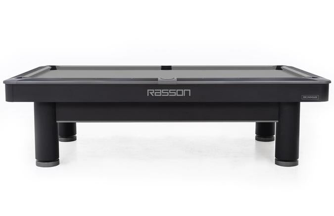 The view of the Rasson Ironman 9 foot pool black table with round legs and grey Simonis felt