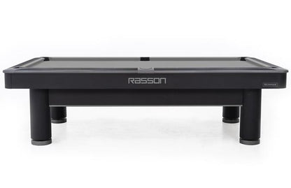 The view of the Rasson Ironman 9 foot pool black table with round legs and grey Simonis felt