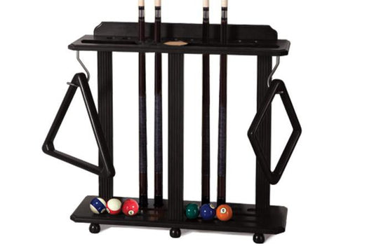 Black floor pool cue rack for 10 cues and billiard balls