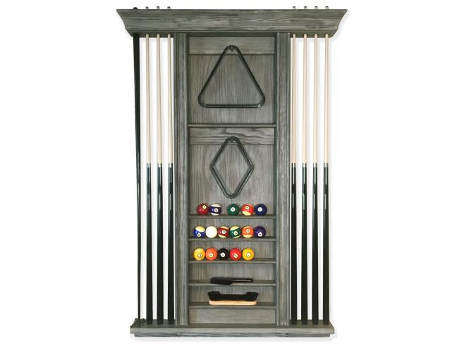 Barnwood finish 8 cue billiard wall rack