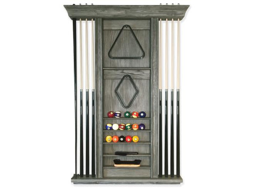 Barnwood finish 8 cue billiard wall rack