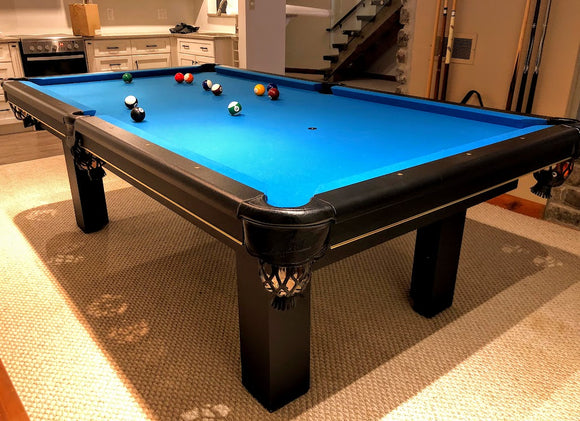 8' PREOWNED DUFFERIN LEGEND SLATE POOLTABLE INSTALLED WITH ACCESSORIES BLACK FINISH