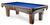 Corner view of the Majestic Ascot 7-foot walnut pool table with square legs and blue fabric