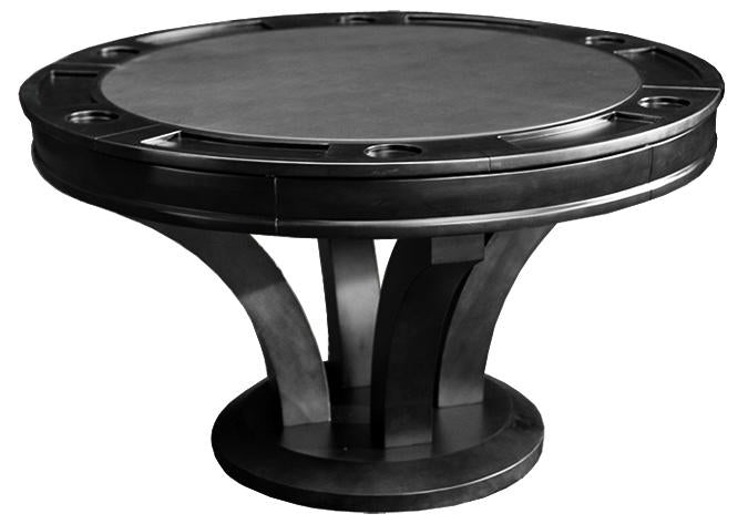 A black finish modern hardwood gaming table with a circular shape and a pedestal base.