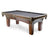 Corner view of the Majestic Ascot 9-foot walnut pool table with square legs and charcoal fabric