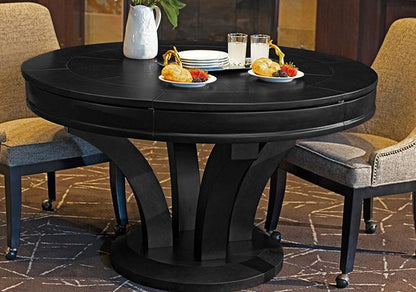 A black finish modern hardwood gaming table with a circular shape with chairs