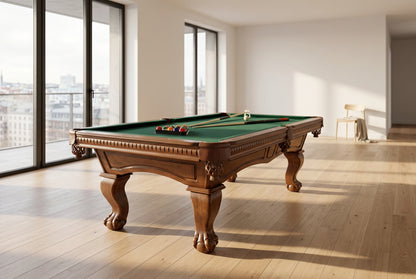 Majestic Pinnacle walnut pool table with green cloth and ball-and-claw legs – 7, 8 and 9 ft, Gaming Tables Direct