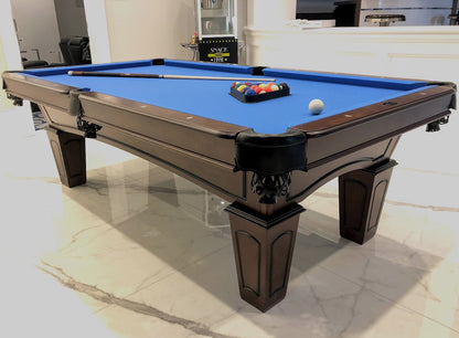 The square legs Majestic Ascot 7-foot walnut pool table with leather drop pockets, blue felt and billiard balls set