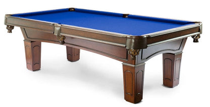 Corner view of the Majestic Ascot 8-foot walnut pool table with square legs and blue fabric