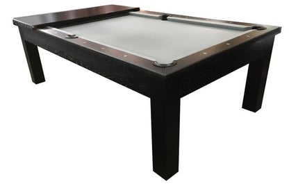 The  corner view of the Mensa 7-foot Black  modern pool table with part of dining top 