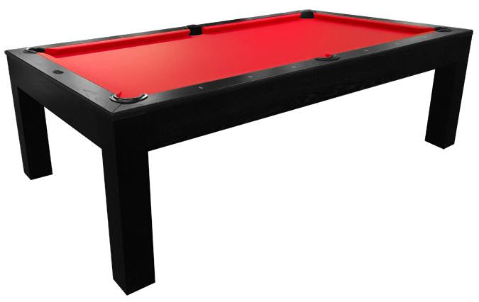 The corner view of the Mensa 7-foot Black  modern pool table with straight square legs, slate playing surface and red fabric