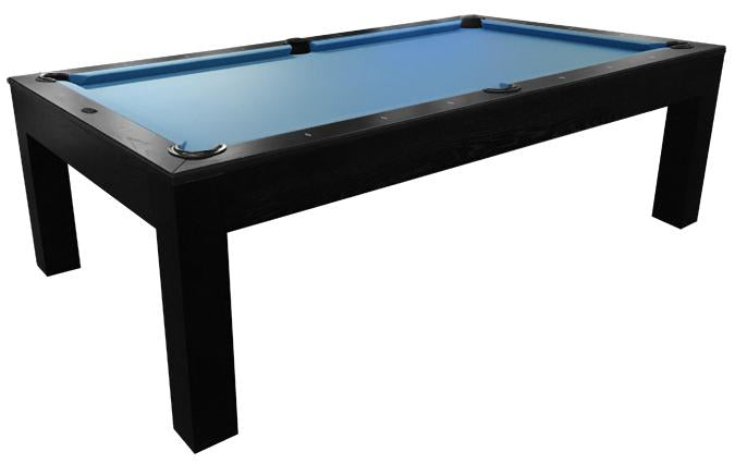 The corner view of the Mensa 7-foot Black  modern pool table with straight square legs, slate playing surface and blue felt