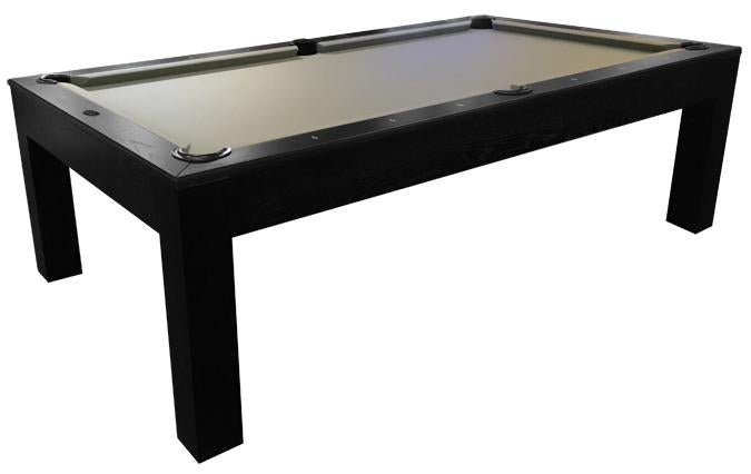 The corner view of the Mensa 7-foot Black  modern pool table with straight square legs, slate playing surface and grey fabric