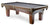 Corner view of the Majestic Ascot 7-foot walnut pool table with square legs and charcoal fabric